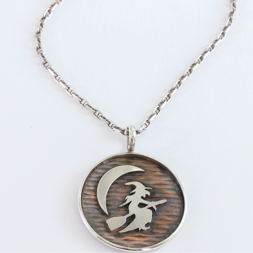 Sterling Silver Witch on Broom Pendant Necklace with Copper Moonlit Background